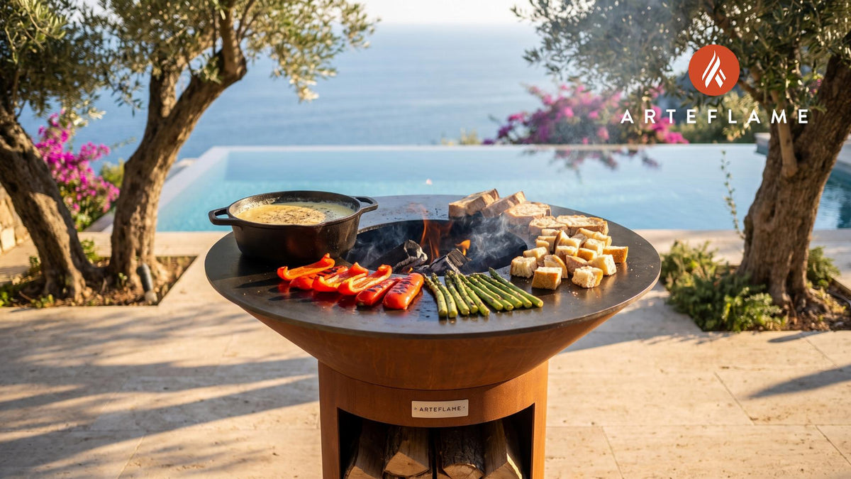 Wood-Fired Cheese Fondue (Italian Alpine Style) cooking on an Arteflame grill
