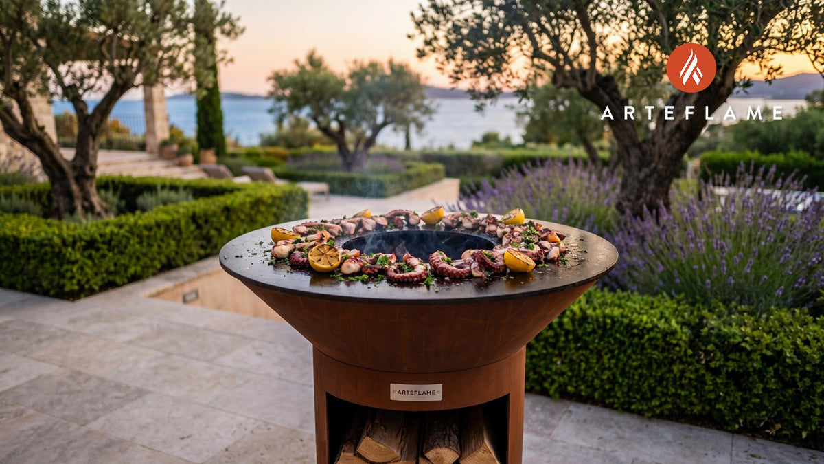 Tender Grilled Octopus cooking on an Arteflame grill