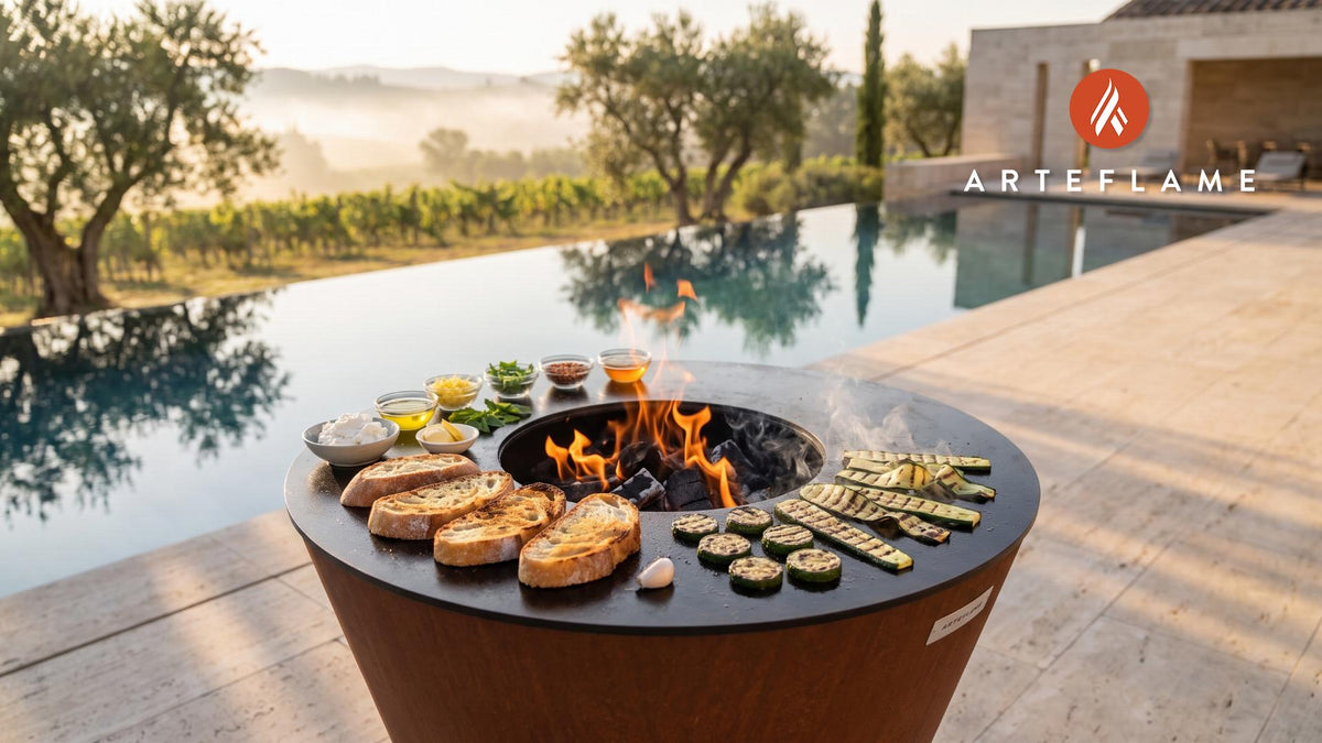 Charred Zucchini & Ricotta Bruschetta cooking on an Arteflame grill