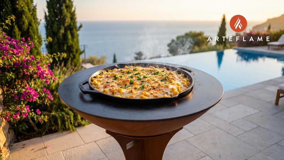 Grilled White Cheddar Mac and Cheese (Alabama Style) cooking on an Arteflame grill