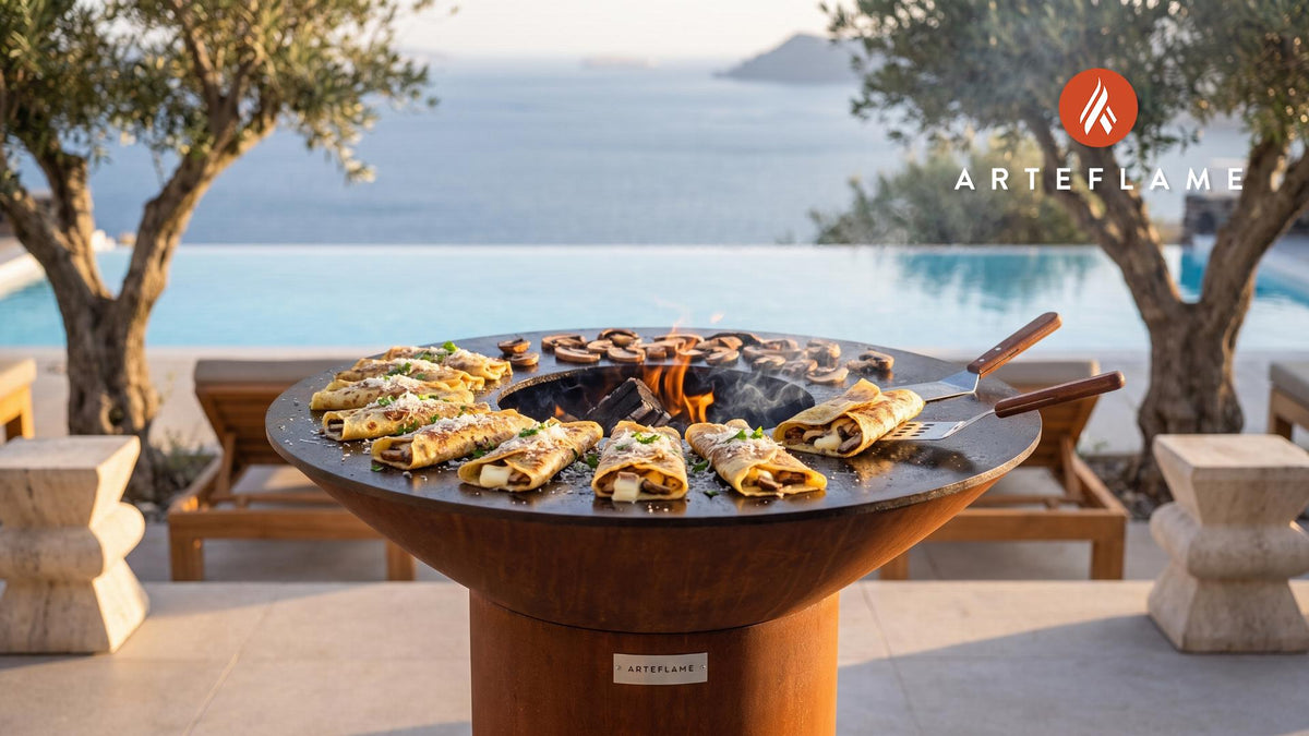 Grilled Mushroom Crespelle (Italian Style) cooking on an Arteflame grill