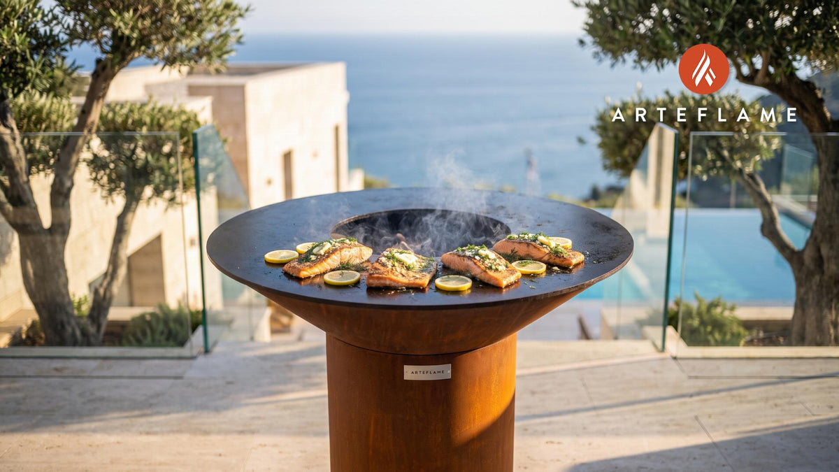 Fire Roasted Arctic Char (Alaska Style) cooking on an Arteflame grill