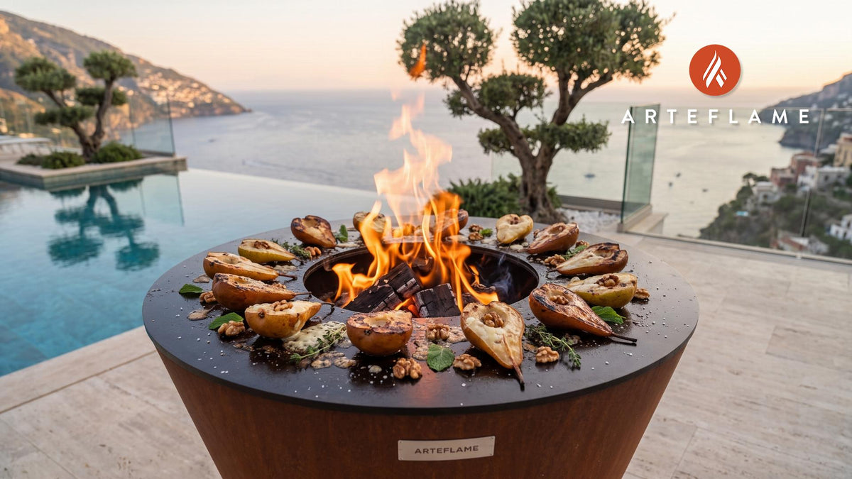 Wood-Fired Pears with Honey & Pecorino (Italian Style) cooking on an Arteflame grill