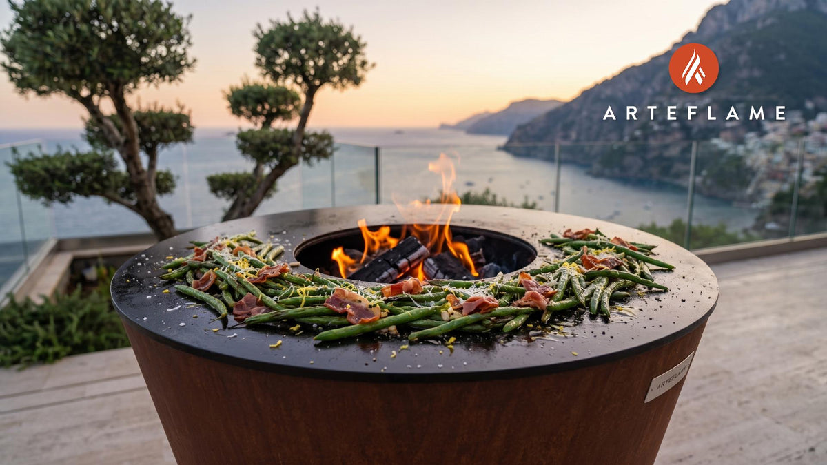 Charred Green Beans with Prosciutto cooking on an Arteflame grill