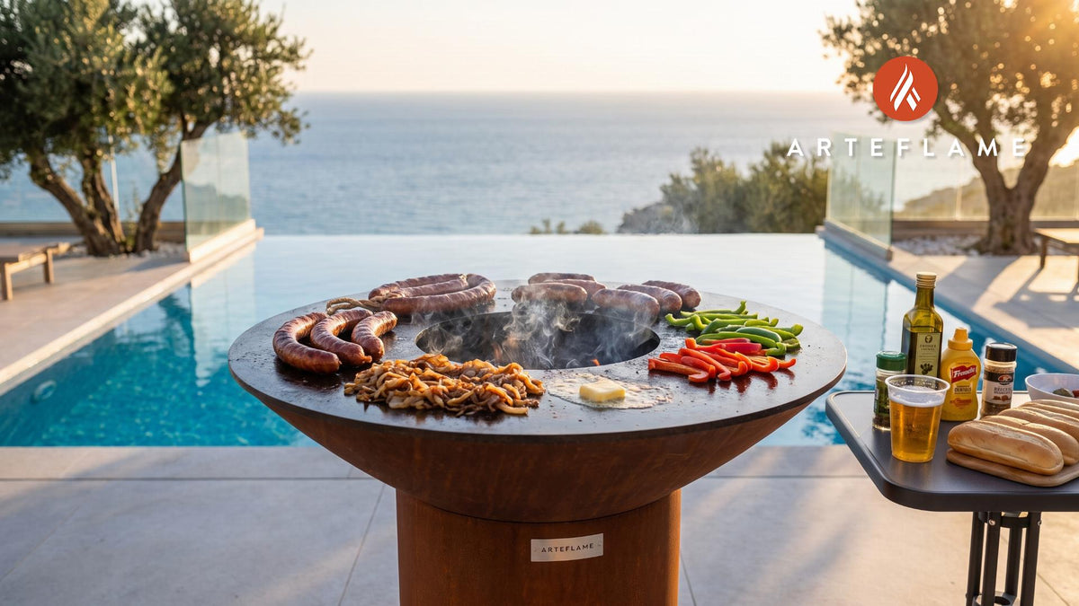 Grilled Polish Kielbasa & Caramelized Onions cooking on an Arteflame grill