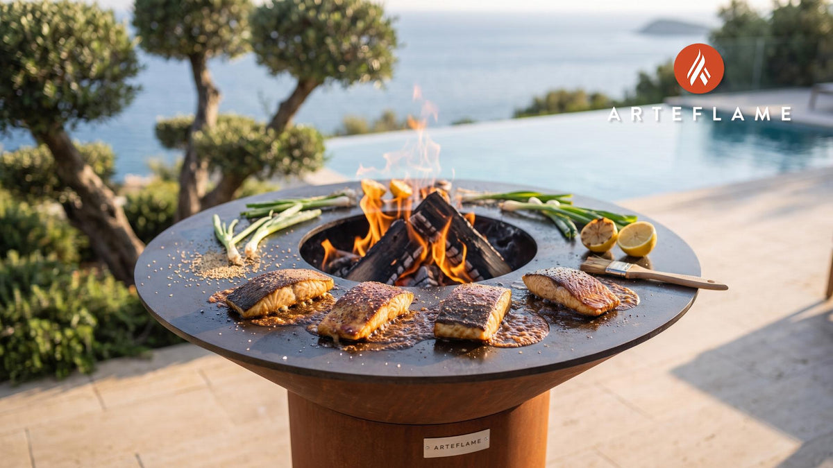 Grilled Sablefish with Brown Sugar Glaze (Alaska Style) cooking on an Arteflame grill