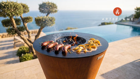 Grilled Polish Blood Sausage with Caramelized Apples cooking on an Arteflame grill