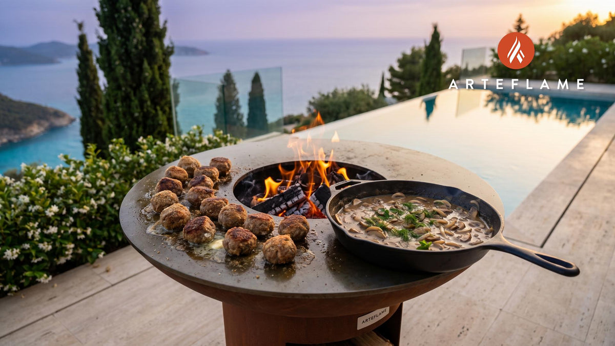 Grilled Polish Meatballs cooking on an Arteflame grill