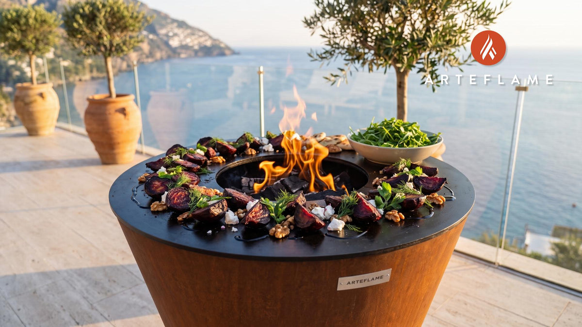 Warm Grilled Beet Salad with Goat Cheese (Polish Style) cooking on an Arteflame grill