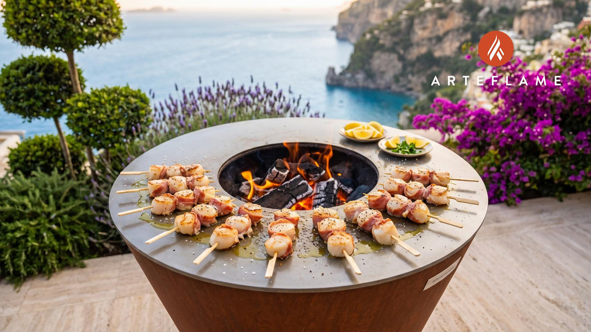Seared Alaska Scallop Skewers cooking on an Arteflame grill