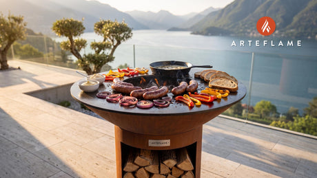 Grilled Wild Boar Sausages (Polish Style) cooking on an Arteflame grill