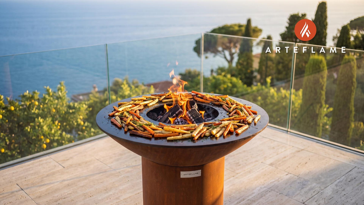 Charred Carrot & Parsnip Fries (Polish Style) cooking on an Arteflame grill
