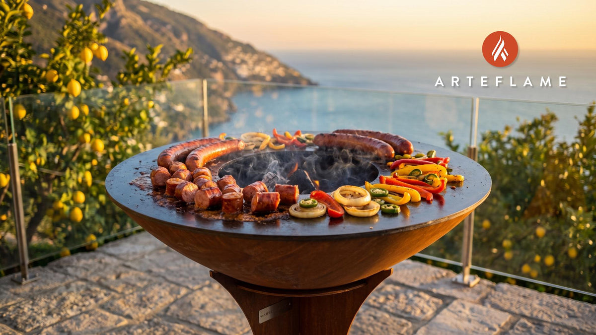 Spicy Grilled Polish Kielbasa cooking on an Arteflame grill