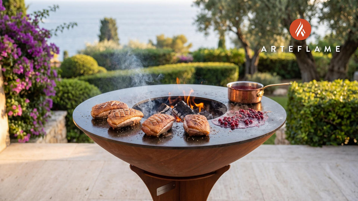 Grilled Duck Breast with Lingonberry Sauce (Polish Style) cooking on an Arteflame grill