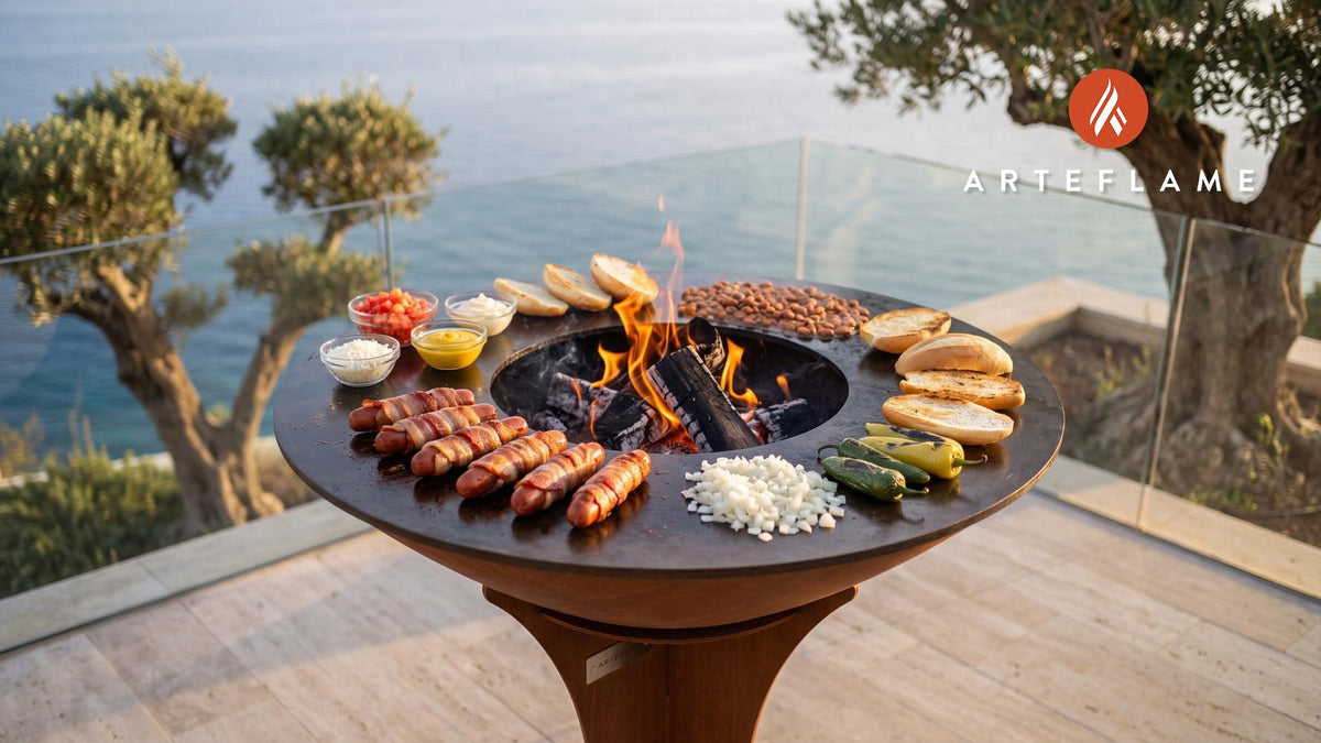 Bacon-Wrapped Sonoran Hot Dog (Arizona Style) cooking on an Arteflame grill
