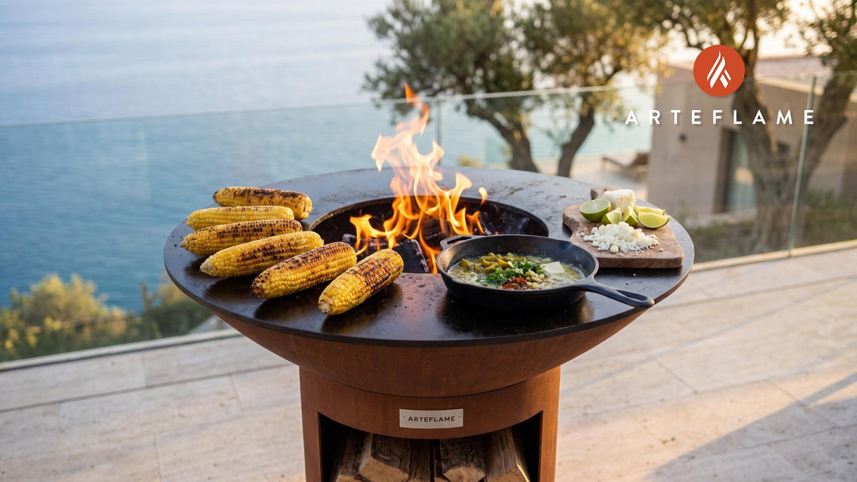 Hatch Chile Grilled Corn (Arizona Style) cooking on an Arteflame grill