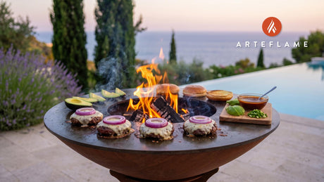 Smoky Grilled Bison Burgers (Arizona Style) cooking on an Arteflame grill
