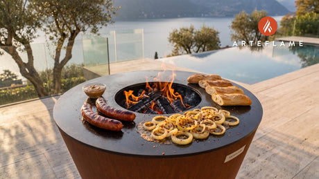 Spicy Grilled Rookworst & Onions (Dutch Sausage) cooking on an Arteflame grill