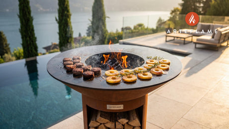 Grilled Black Pudding with Caramelized Apples (Dutch Style) cooking on an Arteflame grill