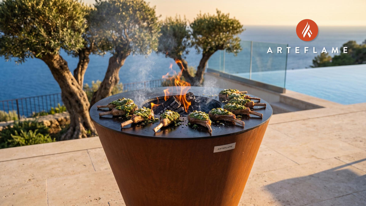 Poblano Crusted Grilled Lamb Chops (Arizona Style) cooking on an Arteflame grill