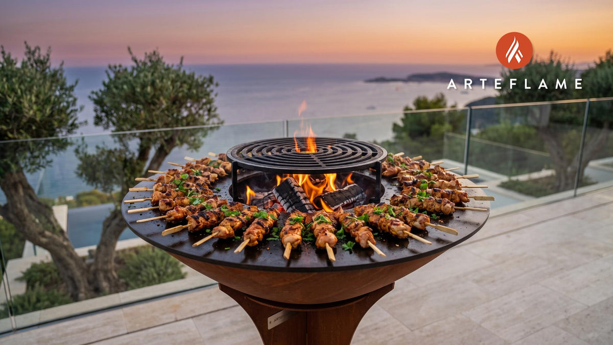 Spicy Grilled Chicken Skewers (Dutch Mustard) cooking on an Arteflame grill