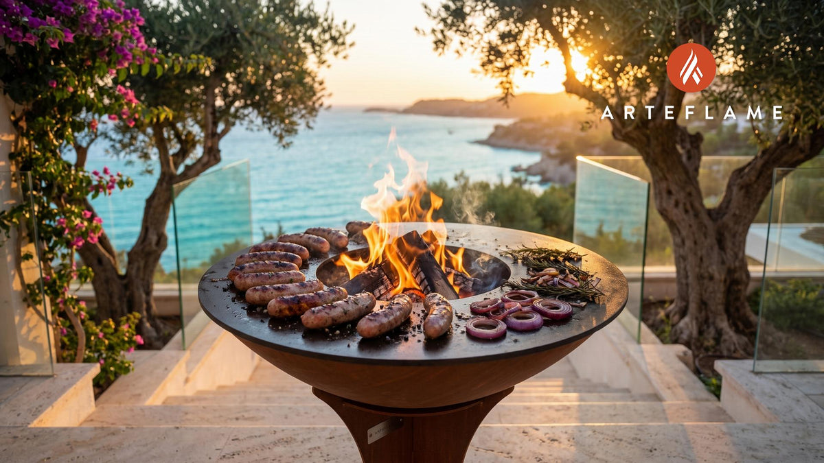 Grilled Wild Boar Sausages with Juniper Berries (Dutch Style) cooking on an Arteflame grill