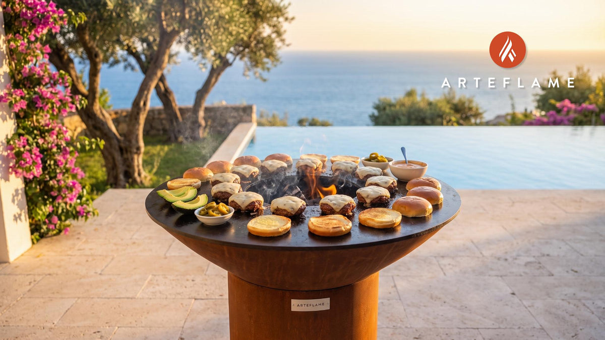 Grilled Bison & Chorizo Sliders (Arizona Style) cooking on an Arteflame grill