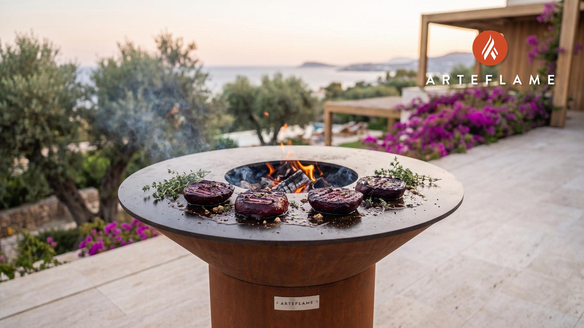 Charred Red Beet Steaks cooking on an Arteflame grill