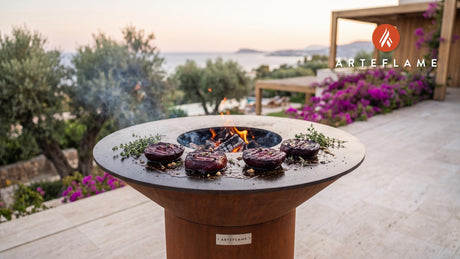 Charred Red Beet Steaks cooking on an Arteflame grill