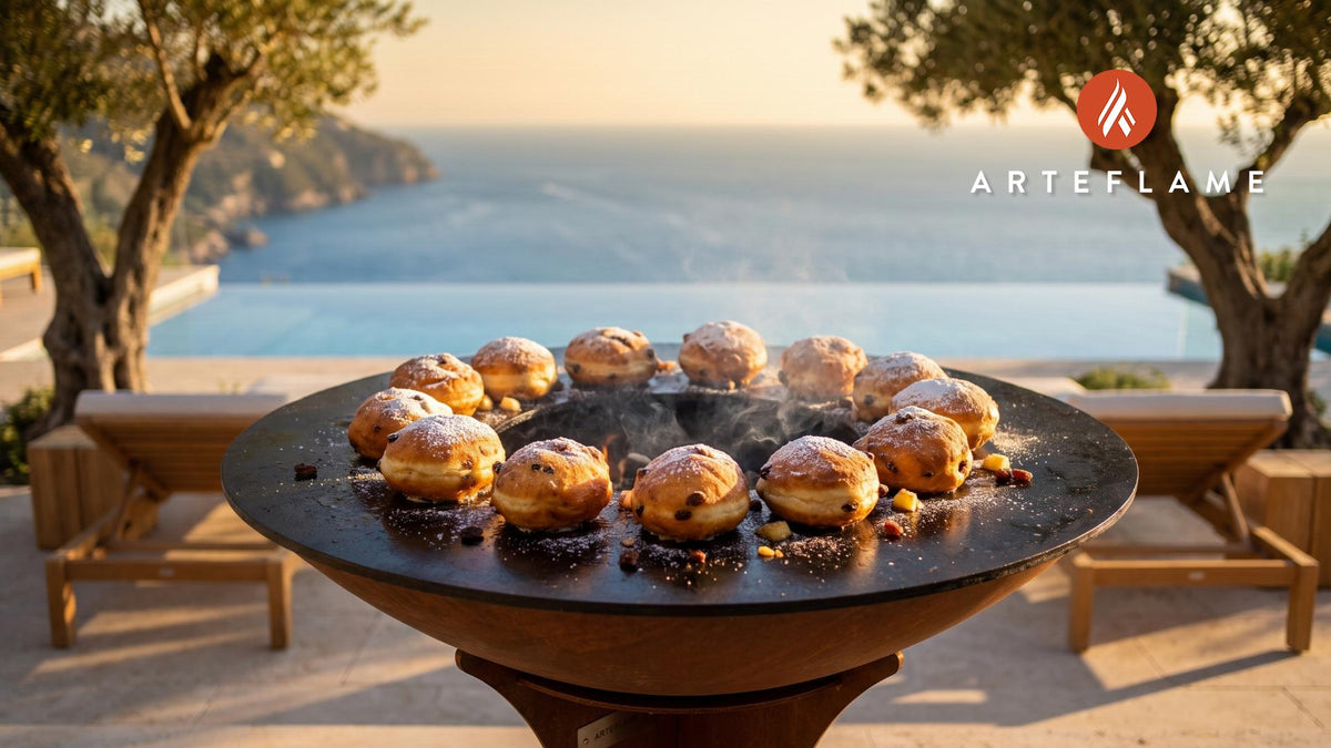 Golden Oliebollen cooking on an Arteflame grill