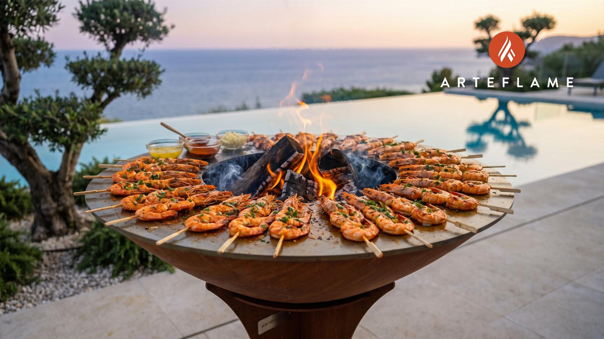 Fiery BBQ Shrimp Skewers (Arkansas Style) cooking on an Arteflame grill