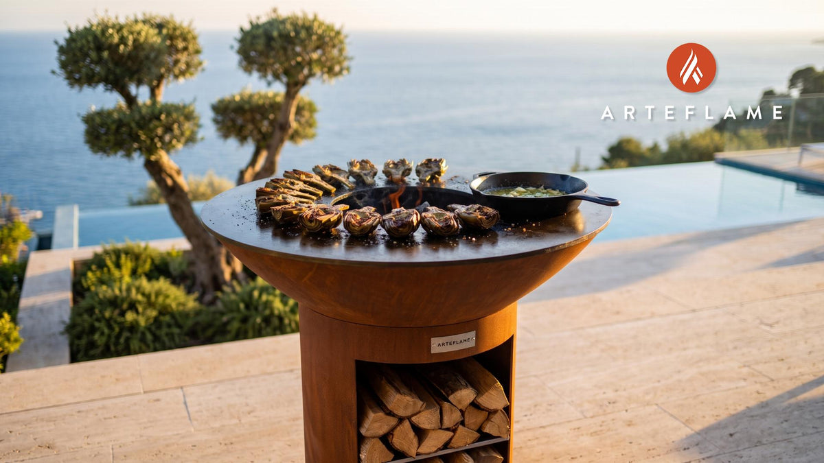Charred Spanish Artichokes with Lemon Butter cooking on an Arteflame grill
