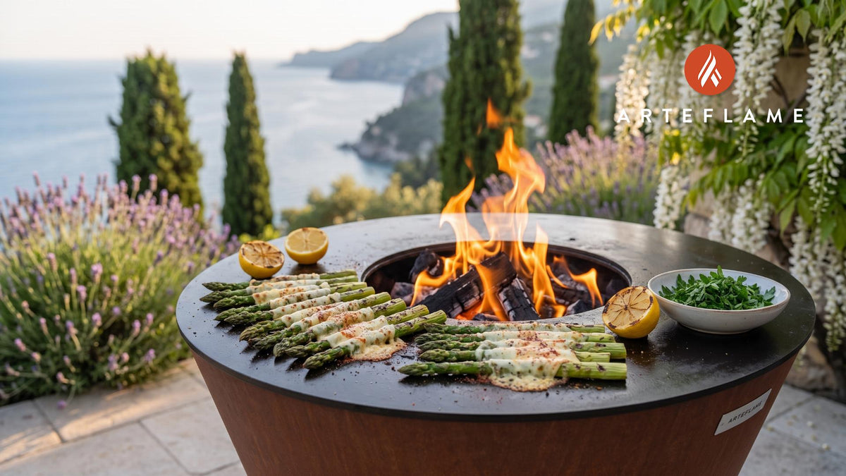 Grilled Asparagus & Manchego (Spanish Style) cooking on an Arteflame grill