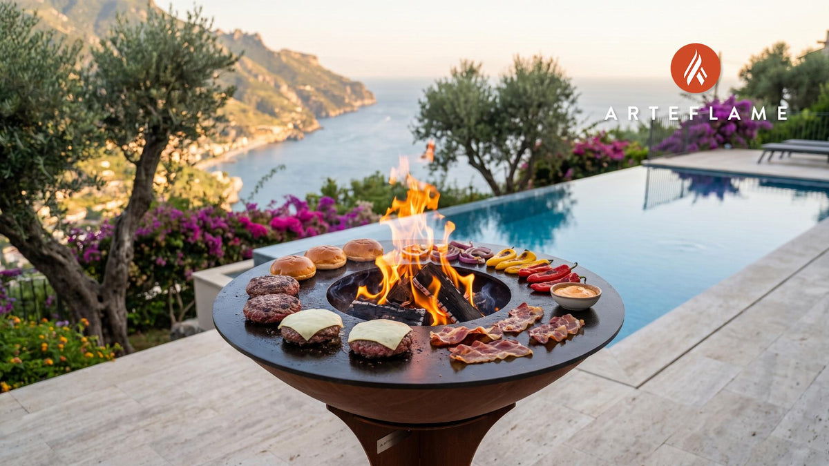 Wood-Fired Galician Beef Burgers (Spanish Style) cooking on an Arteflame grill