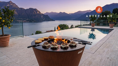 Grilled Mushroom Swiss Burgers (Arkansas Ozark Style) cooking on an Arteflame grill