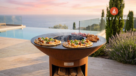 Grilled BBQ Chicken Flatbreads (Arkansas Style) cooking on an Arteflame grill