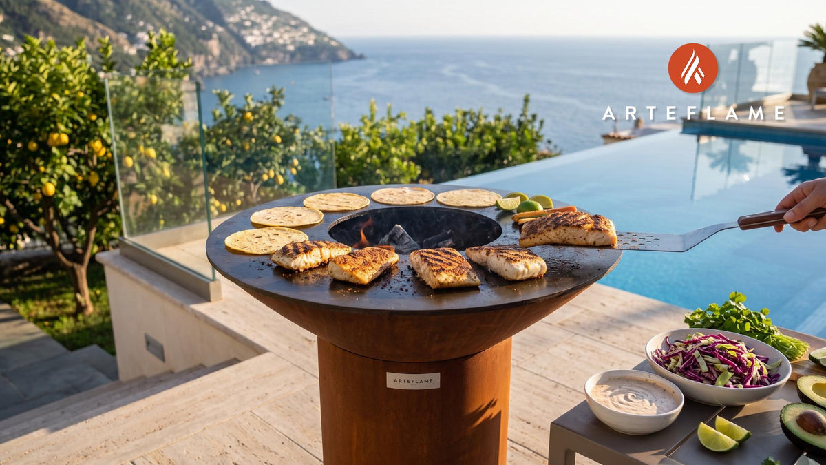 Grilled Fish Tacos (California Style) cooking on an Arteflame grill