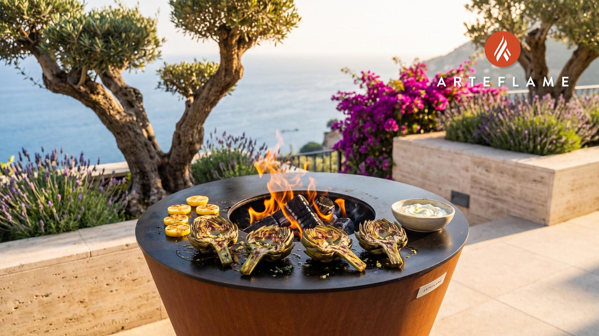 Grilled Artichokes & Garlic Dip (California Style) cooking on an Arteflame grill