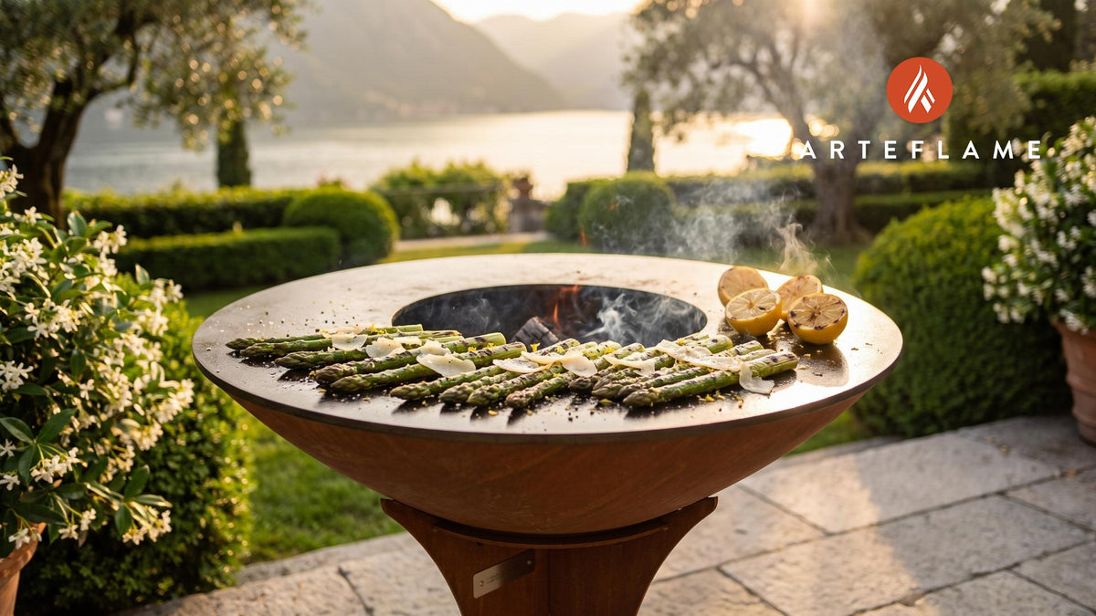 Grilled Asparagus with Parmesan & Lemon (California Style) cooking on an Arteflame grill