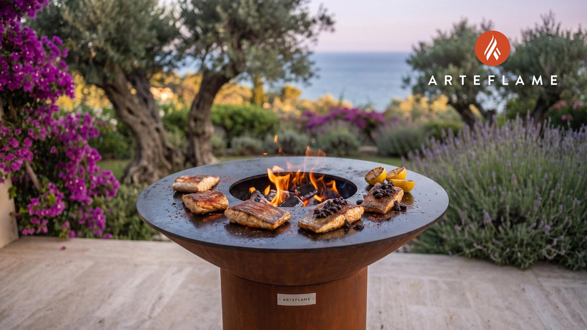 Grilled Hake with Olive Tapenade (Spanish Style) cooking on an Arteflame grill