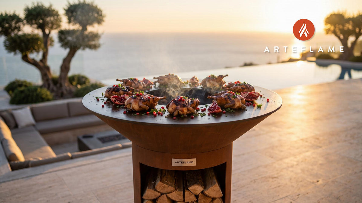 Grilled Quail with Pomegranate Glaze (Spanish Style) cooking on an Arteflame grill