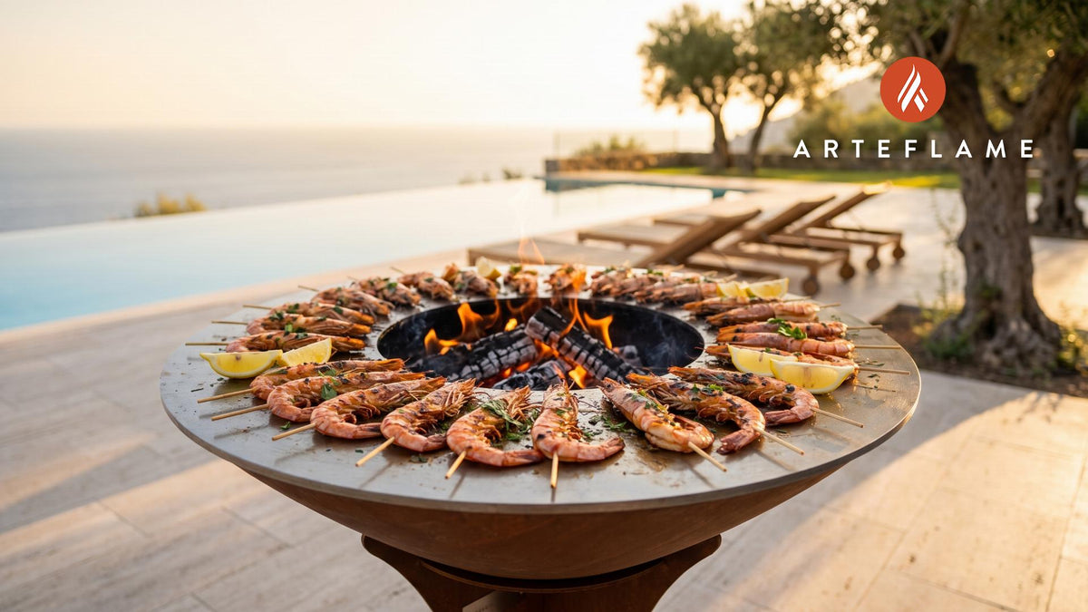 Seared Shrimp Skewers (Santa Monica Style) cooking on an Arteflame grill