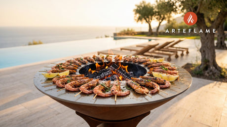 Seared Shrimp Skewers (Santa Monica Style) cooking on an Arteflame grill