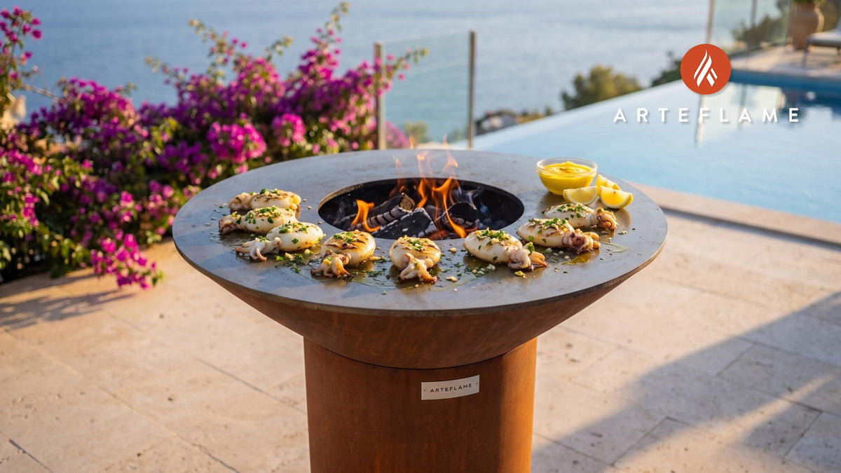 Grilled Cuttlefish with Saffron Aioli (Spanish Style) cooking on an Arteflame grill
