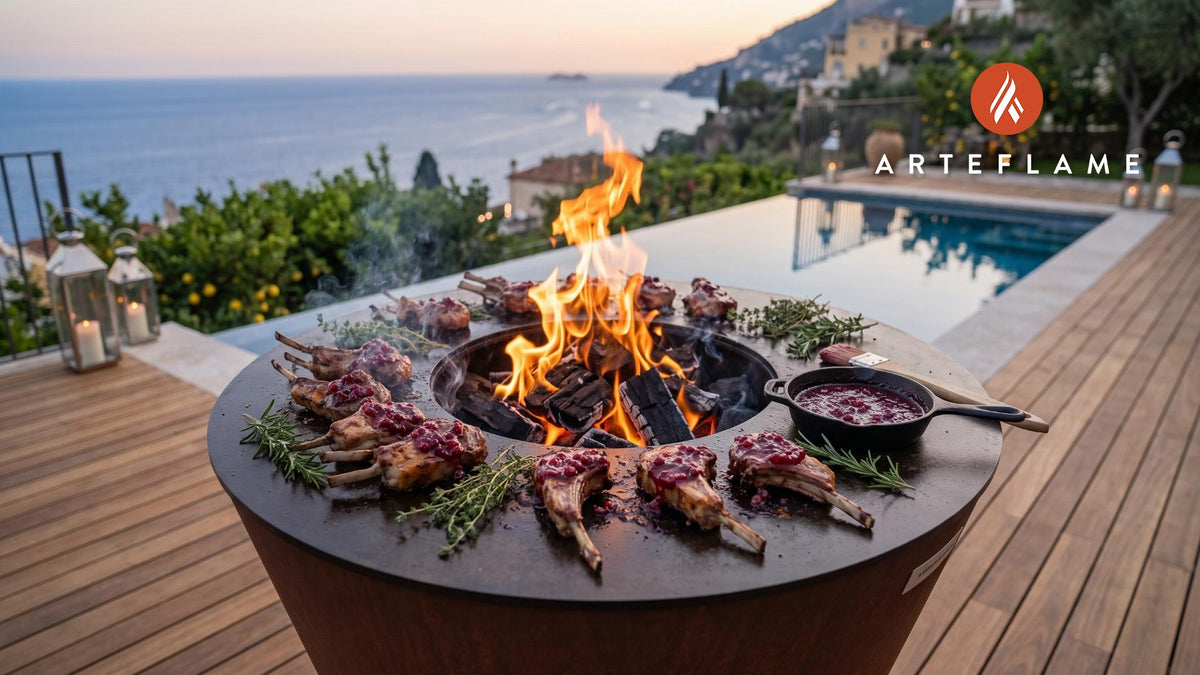 Grilled Lamb Ribs with Lingonberry Glaze (Norwegian Style) cooking on an Arteflame grill