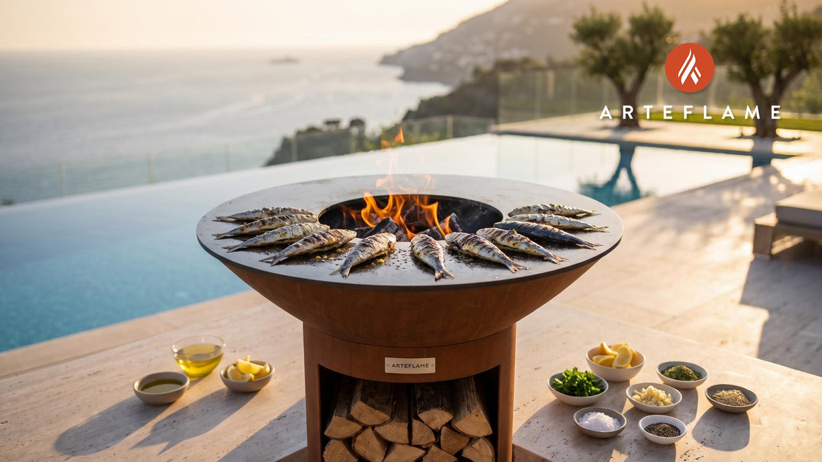 Grilled Monterey Sardines (California Style) cooking on an Arteflame grill