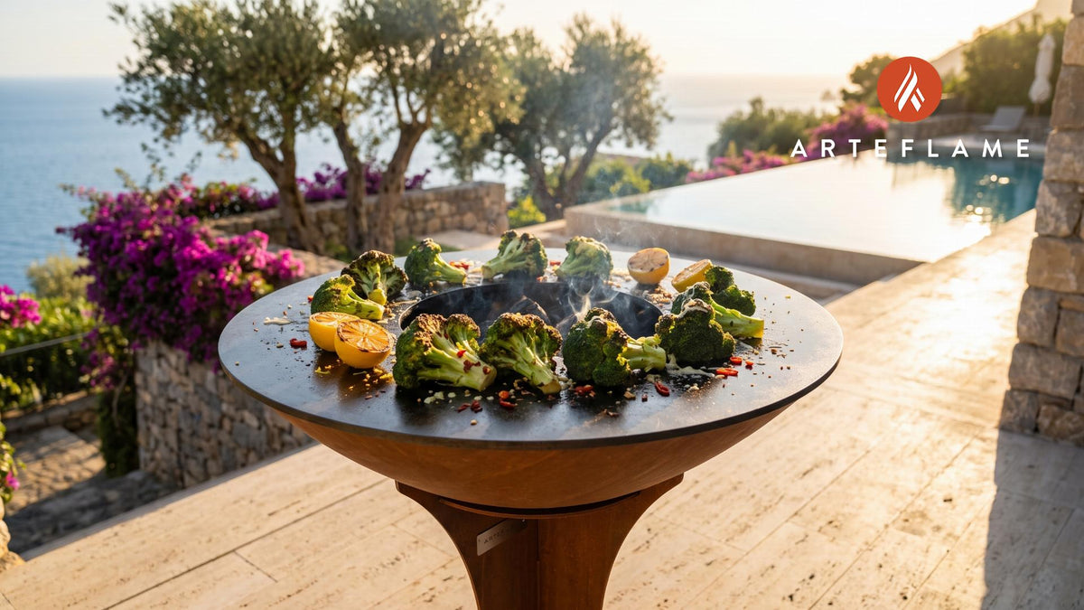 Charred Broccoli with Lemon & Chili (California Style) cooking on an Arteflame grill