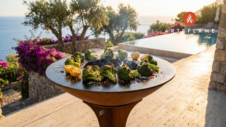 Charred Broccoli with Lemon & Chili (California Style) cooking on an Arteflame grill