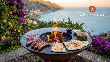 Grilled Reindeer Sausage & Flatbread (Norwegian Style) cooking on an Arteflame grill