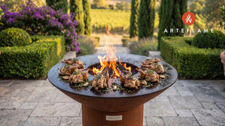 Wood-Fired Quail with Fresh Herbs (California Style) cooking on an Arteflame grill